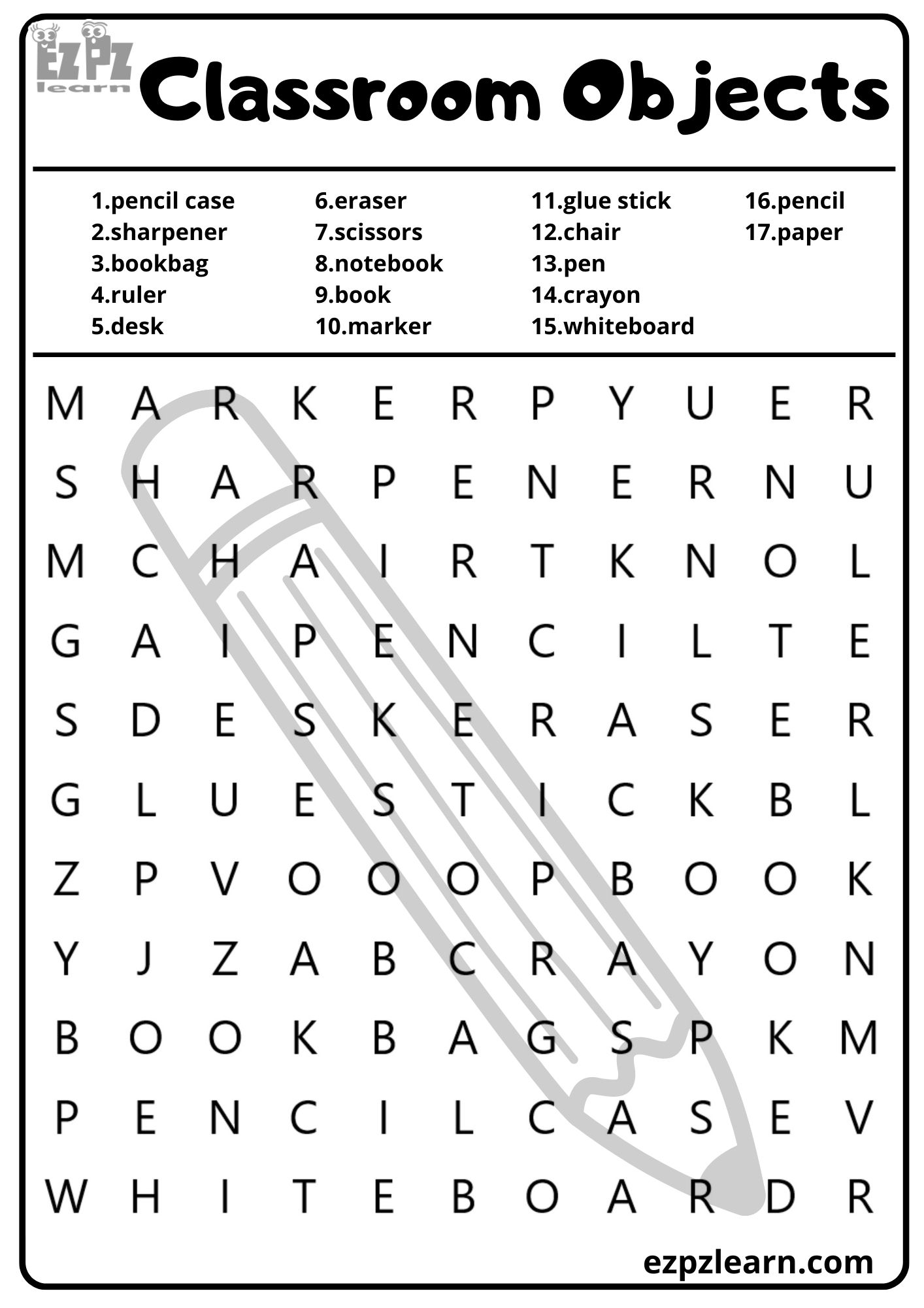 Classroom Objects Vocabulary Word Search For Kids 17 Words Free Pdf